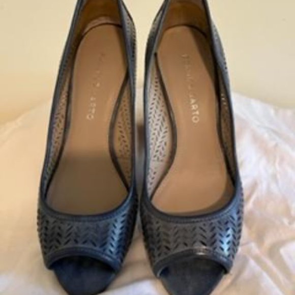Franco Sarto Denim blue leather open toe pump with wooden wedge 6.5M - Picture 5 of 5